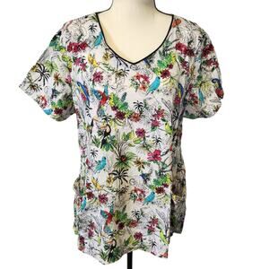 Dickies Women V Neck Toucan Bird Tropical Print Medical Nurse Scrub Uniform Top